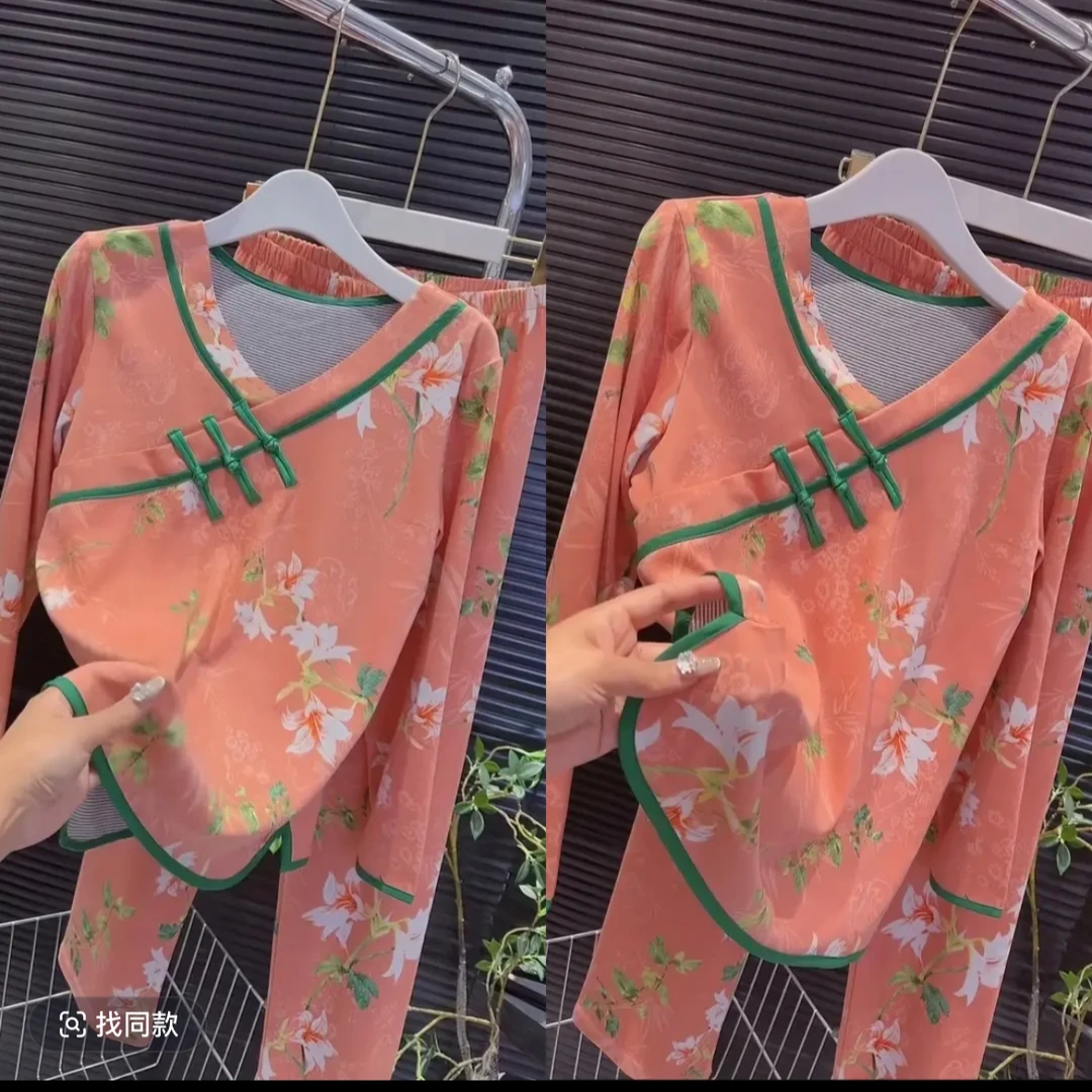 睡衣国风盘扣德绒女套装休闲气质宽松时尚家居服起居服减龄民族风