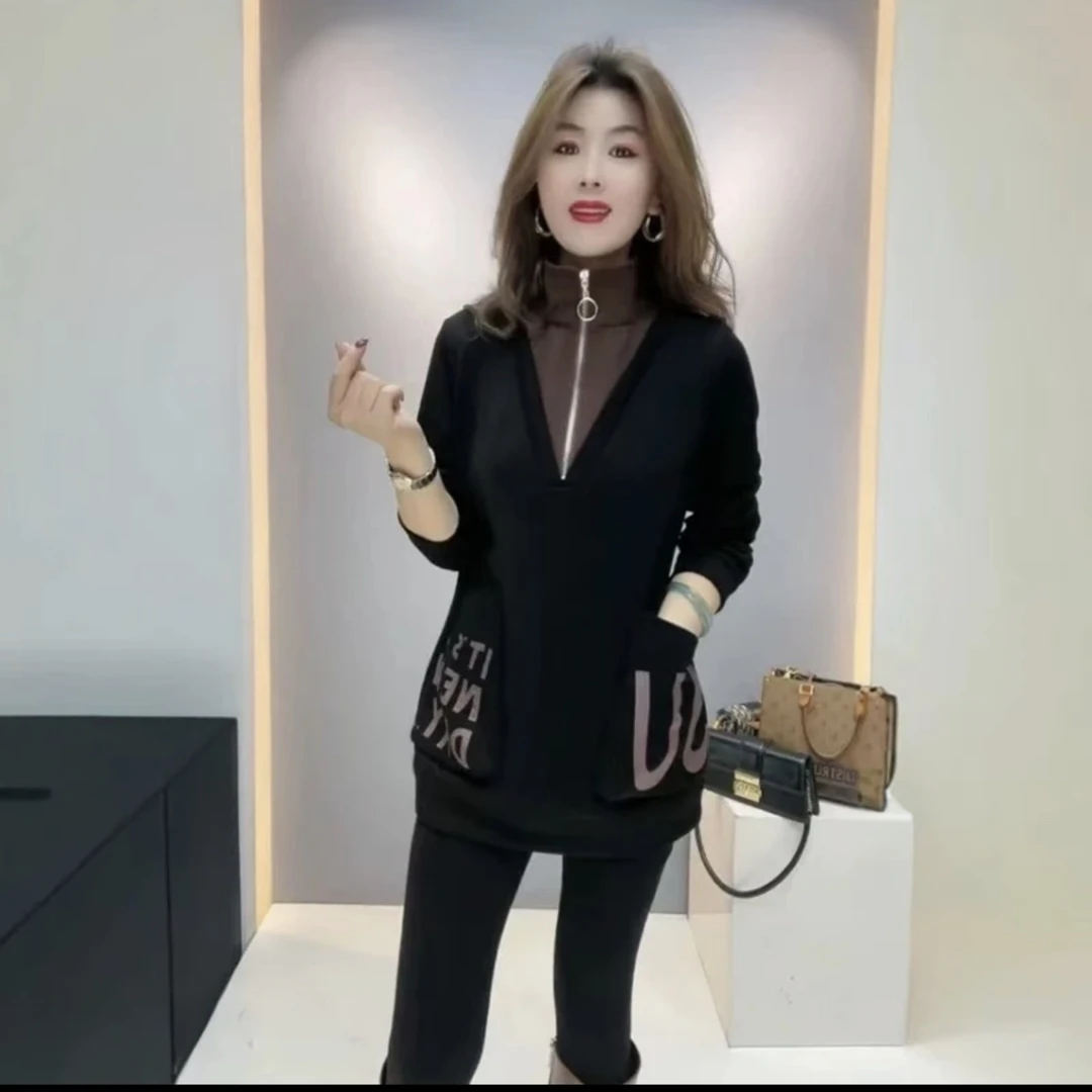 拉链半开立领大口袋拼接撞色假两件气质百搭休闲时尚显瘦外穿卫衣