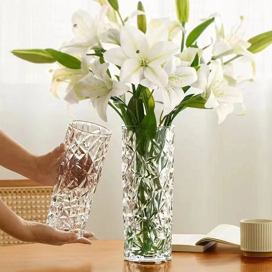 客厅插花高档大气水晶玻璃花瓶直筒加厚水养冰纹家居摆件玫瑰百合