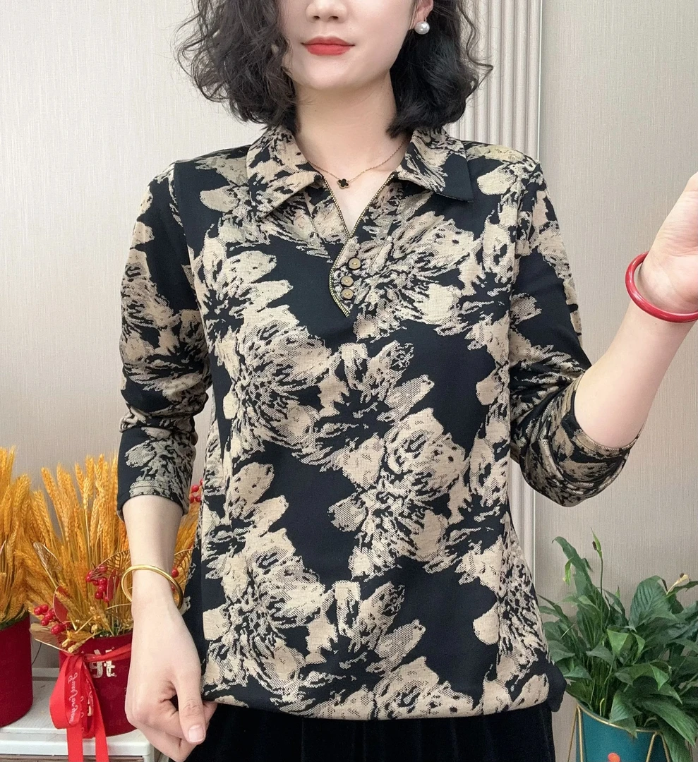 25款春季宽松休闲百搭减龄显瘦翻领花色妈妈装小衫133