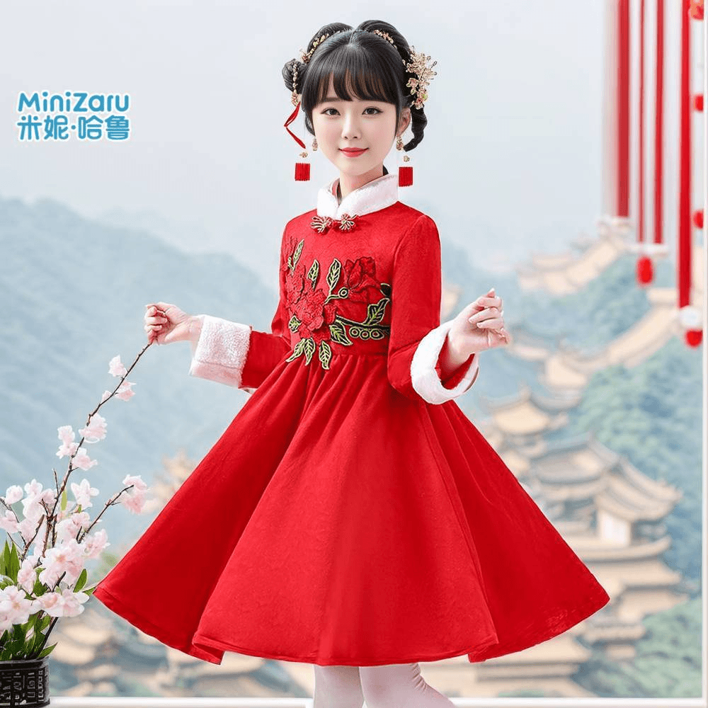 米妮哈鲁加厚款女童秋冬季加棉唐装新年服保暖红色中国风女孩裙子