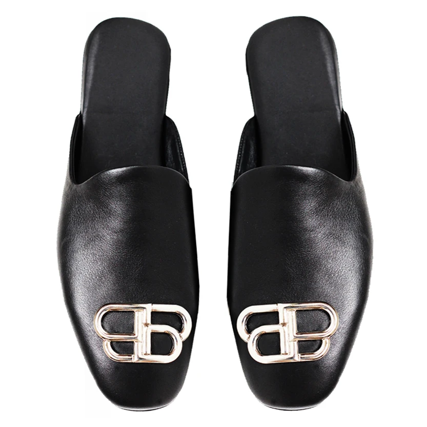 男女同款~夏季BB锁头外穿懒人鞋无后跟牛皮穆勒鞋包头拖鞋网红