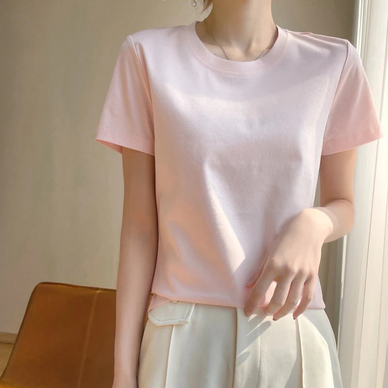 冰感莫兰迪半袖丝光棉纯色100支t恤女圆领纯棉短袖夏休闲正肩体恤