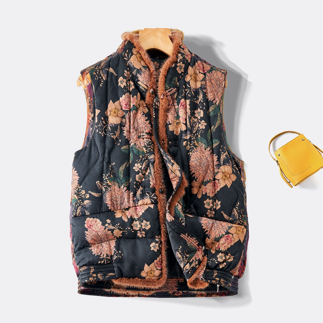 新中式100%桑蚕丝90白鸭绒香云纱真丝羽绒服无袖马甲民族风女装