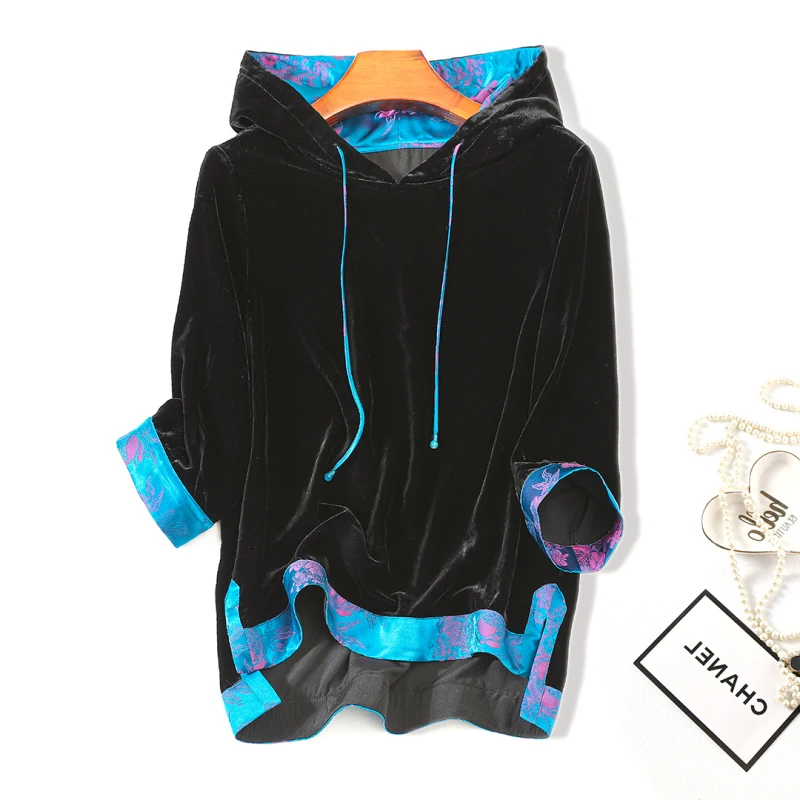 100%桑蚕基布丝绒织锦缎连帽新中式真丝长袖卫衣时尚高端女装休闲