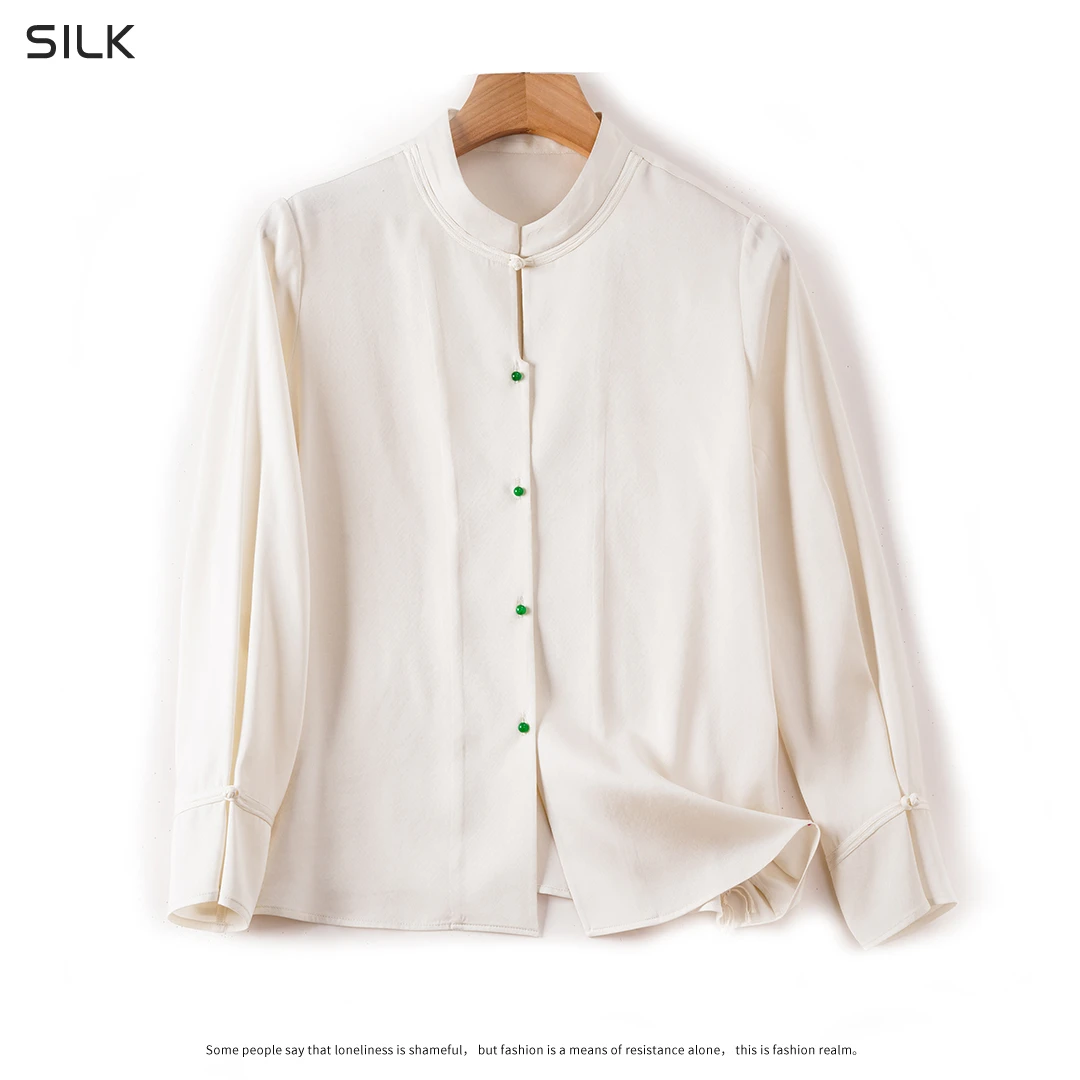 92%桑蚕丝双乔提花休闲风长袖高端女装圆领百搭宽松印花真丝衬衫
