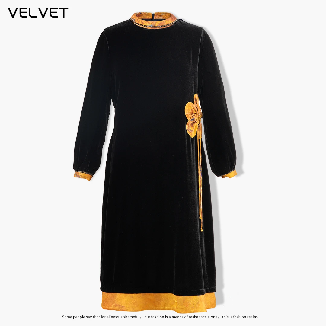 100%桑蚕丝丝绒长袖甜美风高端女装撞色气质拼接印花真丝连衣裙