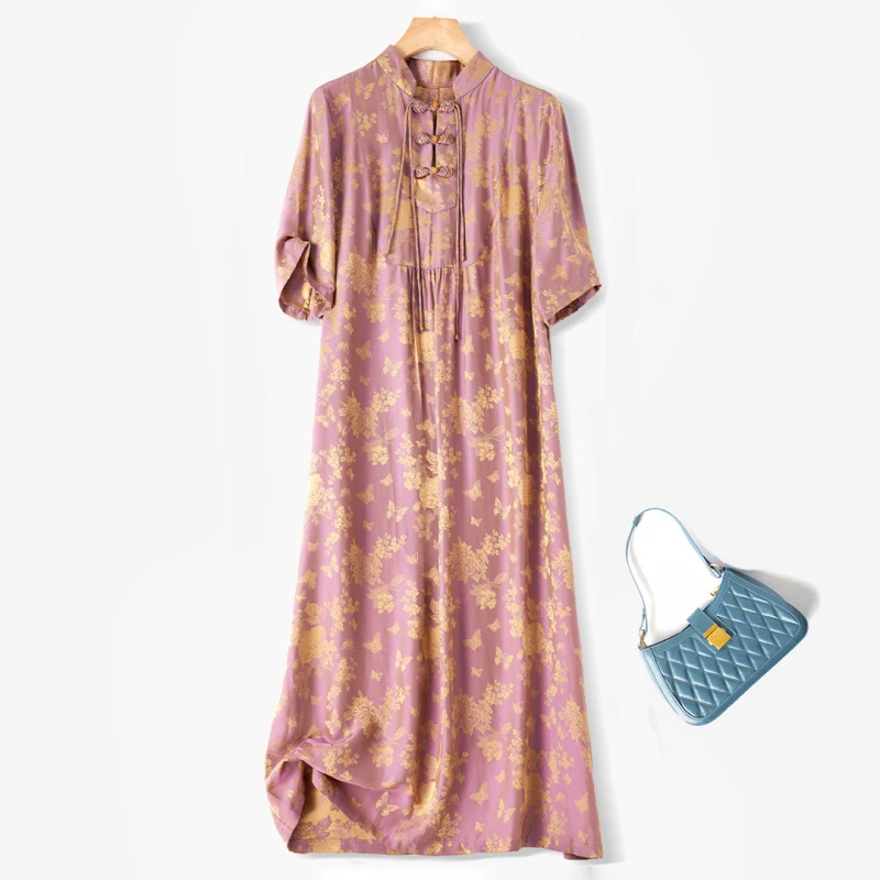 提花缎宽松连衣裙手工盘扣短袖时尚碎花51%桑蚕丝高端女装夏季