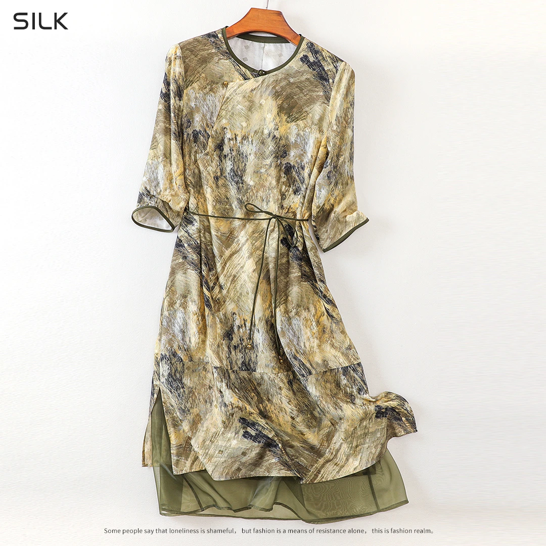 92%桑蚕丝复古长袖高端女装圆领印花宽松网纱拼接百搭真丝连衣裙