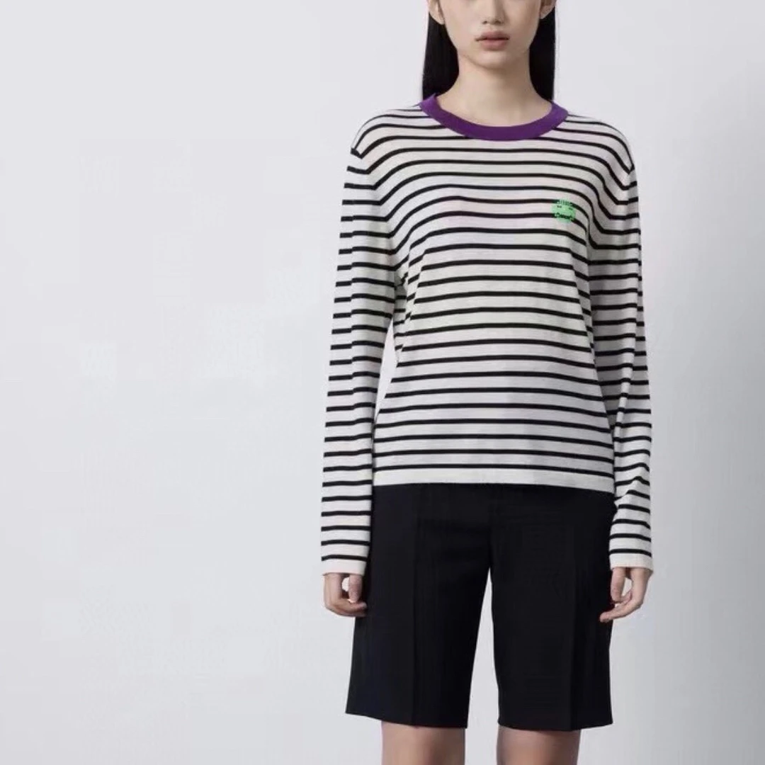 绵羊毛撞色条纹衫 50支超细16针精纺羊毛休闲时尚潮流精品针织