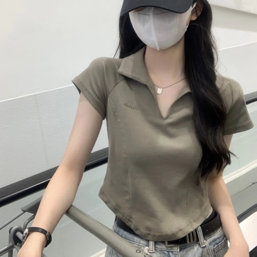 夏季新款修身polo领鱼骨上衣显瘦设计感短袖女小众正肩t恤打底衫