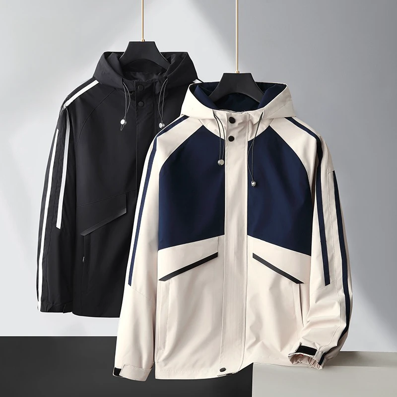 春秋季男式户外休闲外套胖子宽松夹克加肥大码连帽上衣休闲男外套