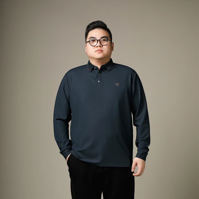 大码男装秋季新款胖子男士加肥加大码时尚长袖纯色宽松翻领POLO衫