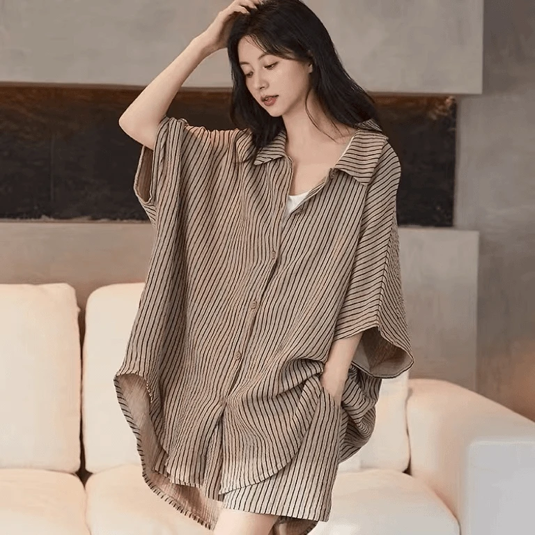 夏季薄款纯棉中袖短裤睡衣女士条纹宽松休闲大码可外穿家居服套装