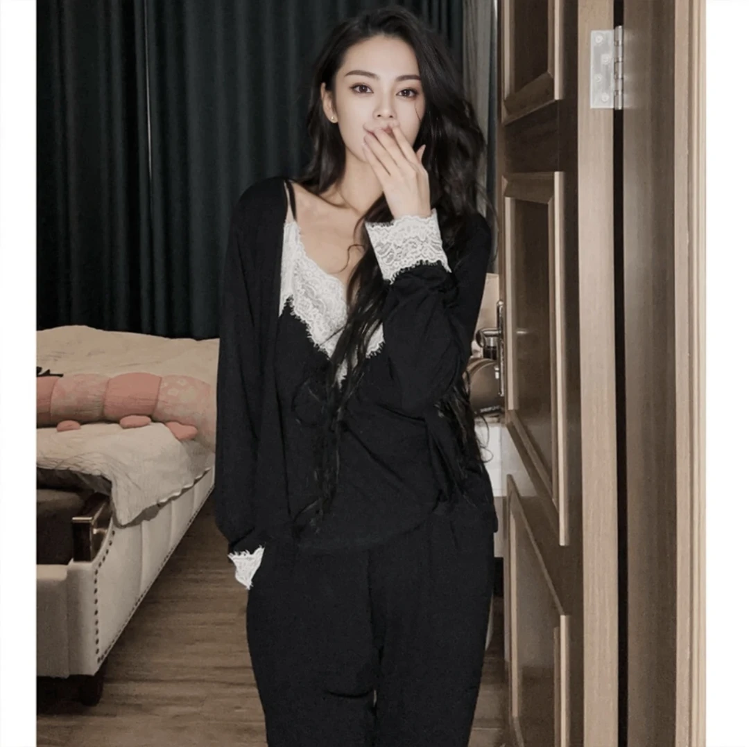 【高档莫代尔】三件套睡衣女春秋冬长袖长裤蕾丝性感显瘦法式家居服