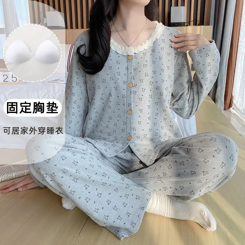 满印熊睡衣秋冬季女款德绒长袖套装开衫花边带胸垫薄绒家居服春秋