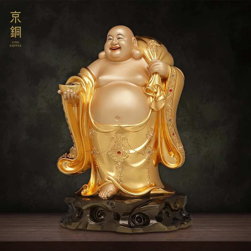 京铜黄铜掐丝贴金镶宝大肚弥勒纯手工铸造铜摆件家居摆件工艺摆件