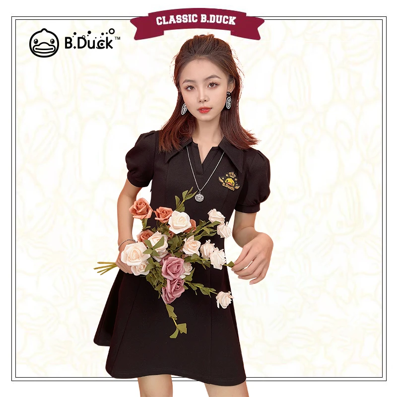 Bduck小黄鸭假日风泡泡袖连衣裙2025年春夏新款学院风PoloA字裙女