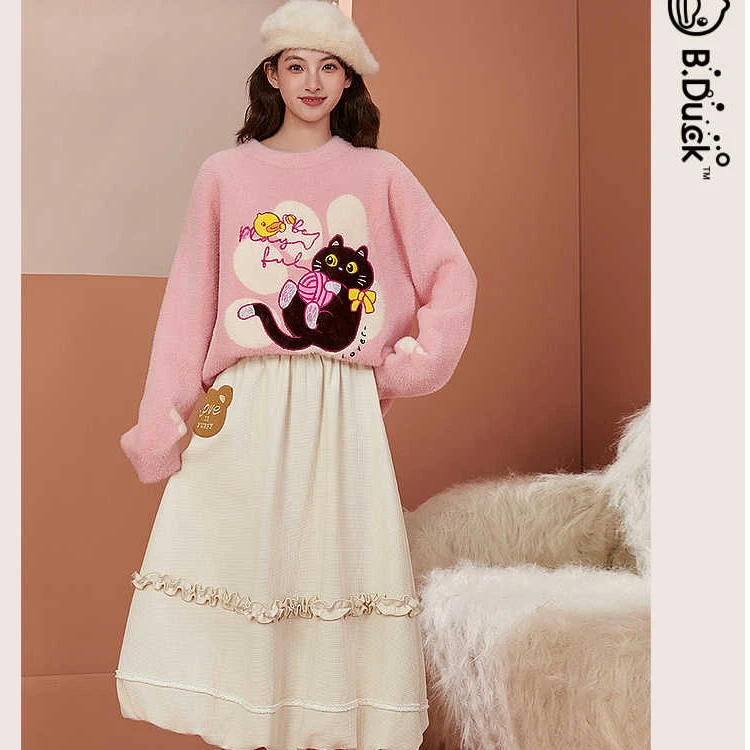 0304【金拐子专属】B.Duck小黄鸭趣味猫咪系列甜美提花仿貂毛毛衣