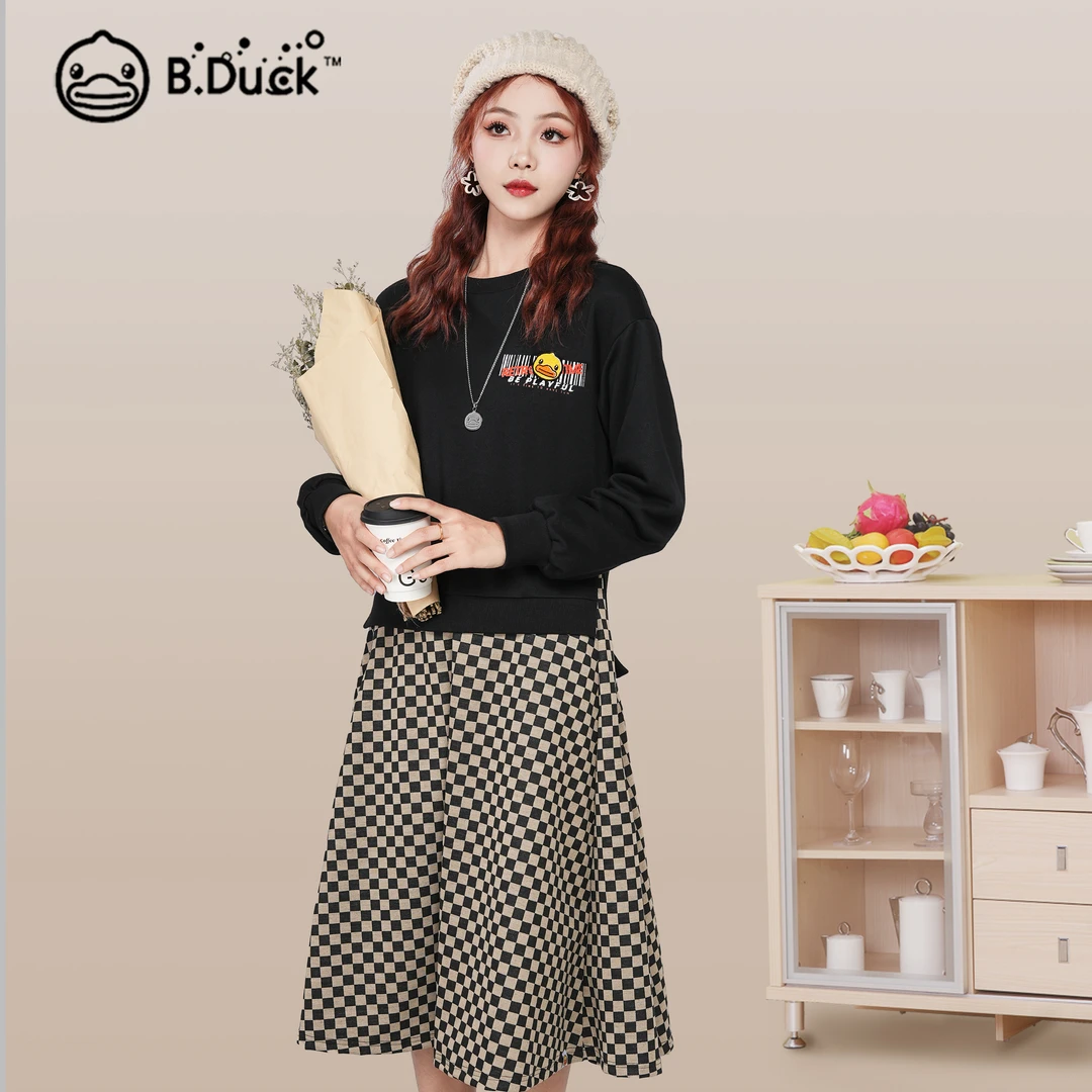 B.Duck小黄鸭2025年秋冬款复古气质法式撞色长袖针织时尚连衣裙