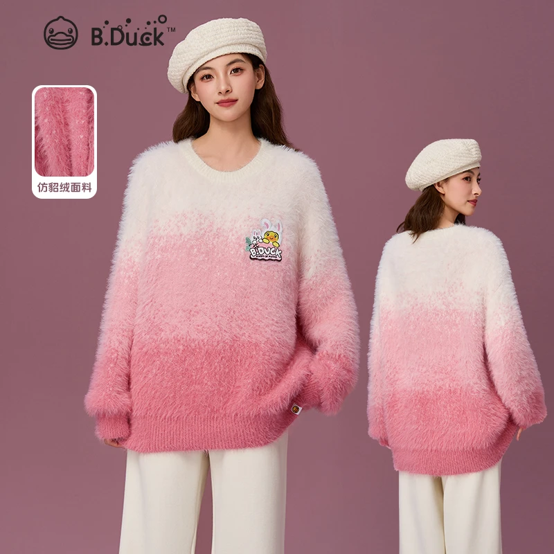 B.Duck小黄鸭渐变粉色提花毛衣2024年秋冬季毛绒新品宽松慵懒甜美