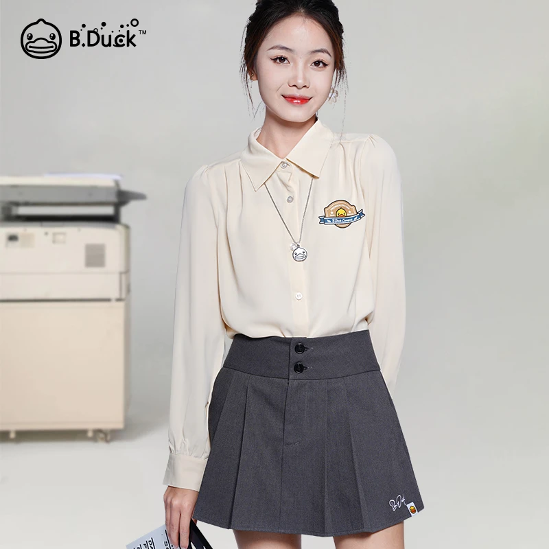 B.Duck小黄鸭2023年夏季新款高腰A字短裙学院风少女气质白色潮