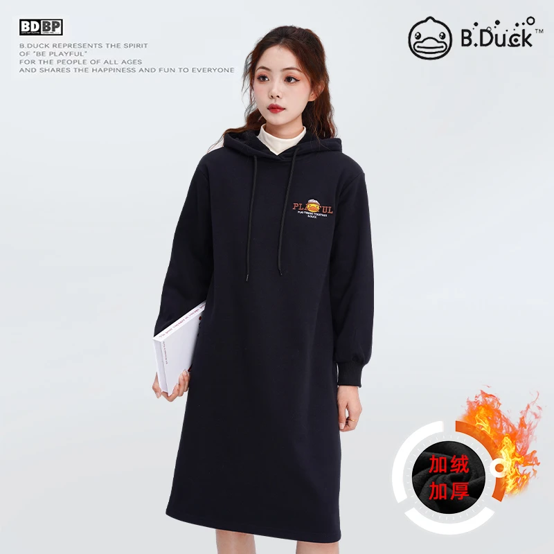 B.Duck小黄鸭2025秋冬加绒加厚连衣裙宽松显瘦时尚长款连帽卫衣裙
