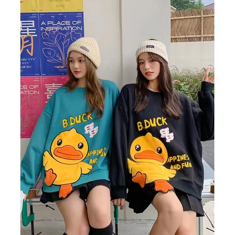 B.Duck小黄鸭情侣休闲秋冬宽松加绒套头上衣立体毛绒鸭慵懒风圆领