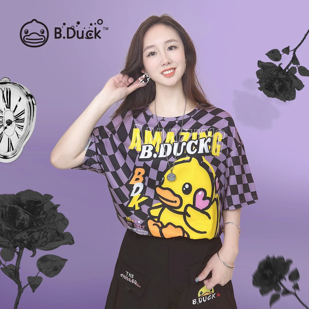 B.Duck 小黄鸭2024夏季新款黑白棋盘格印花宽松大码短袖圆领t恤女