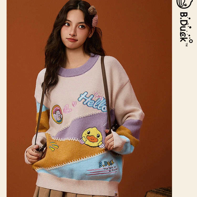 B.Duck小黄鸭慵懒生活鸭2024年冬季新款撞色宽松甜美少女提花毛衣