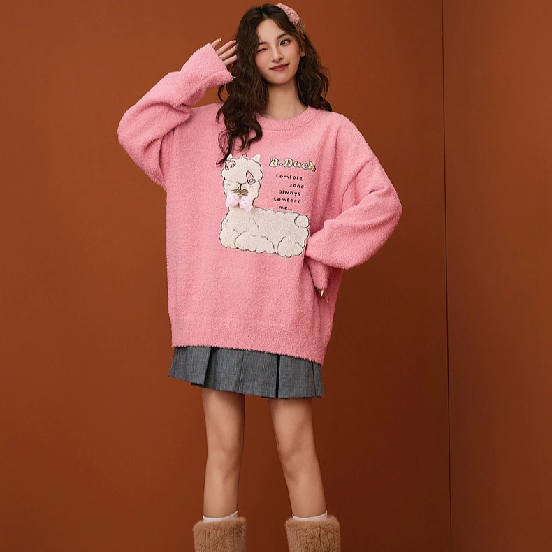 B.Duck小黄鸭慵懒生活鸭2024冬季新款软糯宽松甜美羊驼粉色毛衣女