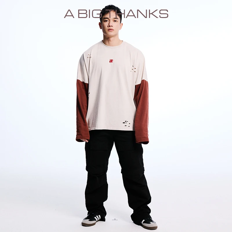 A BIG THANKS 休闲洗水做旧撞色长t恤 ABT2022226