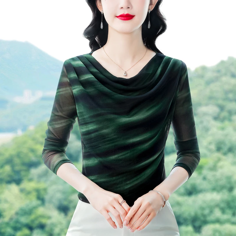 洋气印花长袖T恤女春秋2024新款修身内搭网纱小衫圆领打底衫上衣