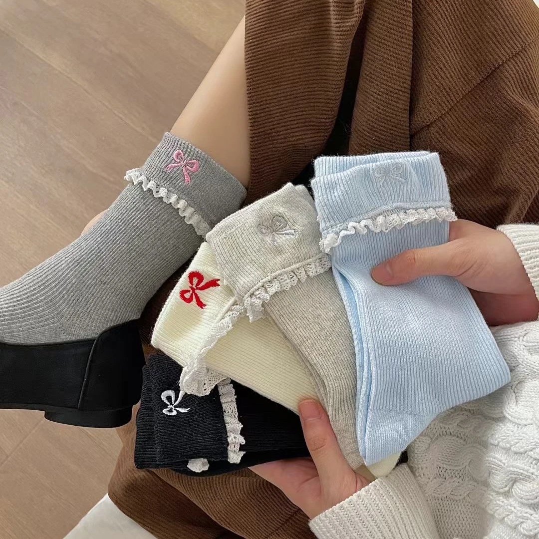 秋冬刺绣蝴蝶结袜子女日系甜美蕾丝花边堆堆袜韩系双针袜子