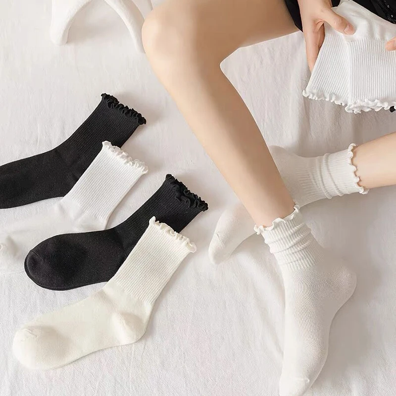 春夏新品日系甜美棉袜女士船袜木耳边中筒短筒堆堆袜子