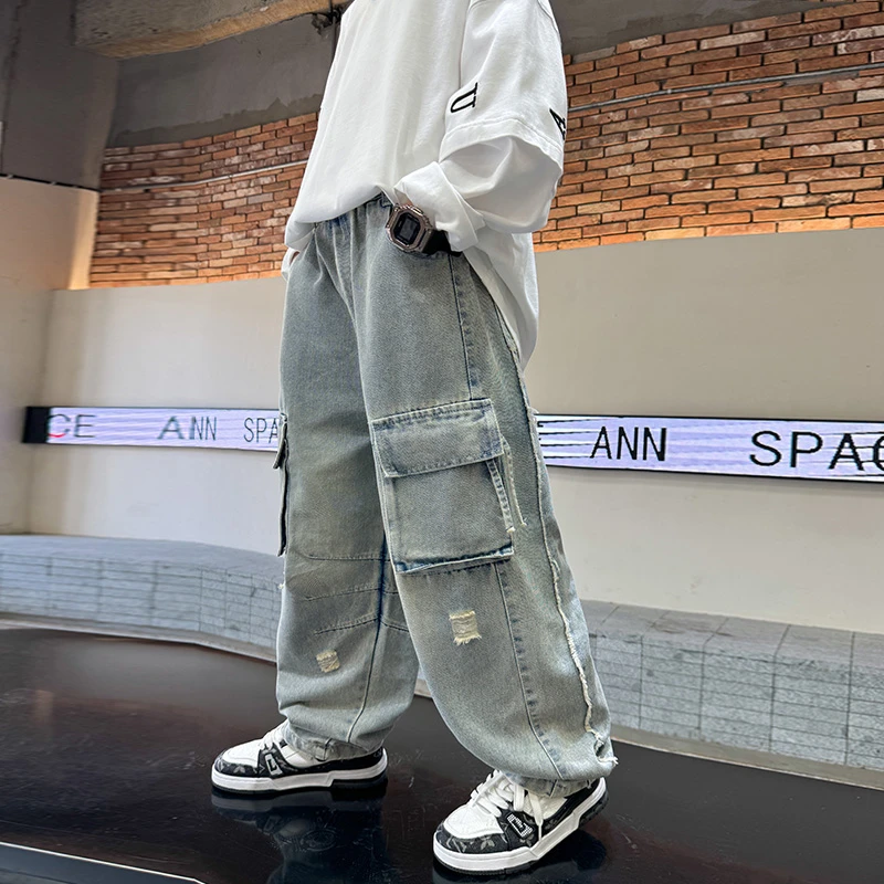 男童牛仔裤秋装2024春季新款中大童洋气酷帅工装裤儿童长裤子潮流