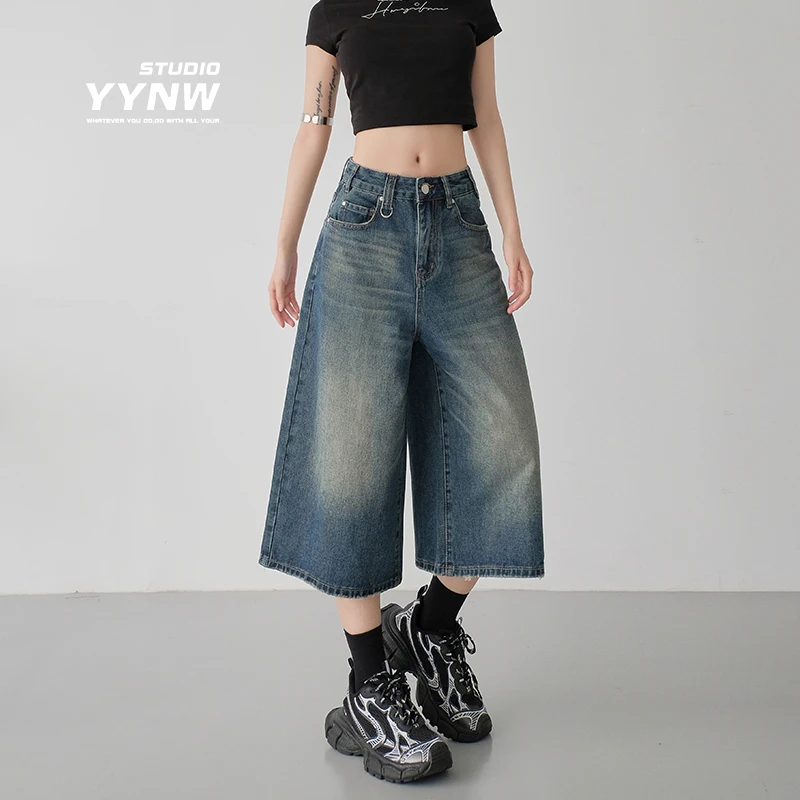 YYNW水洗做旧牛仔裤女夏季复古直筒廓形休闲短裤慵懒风显瘦七分裤