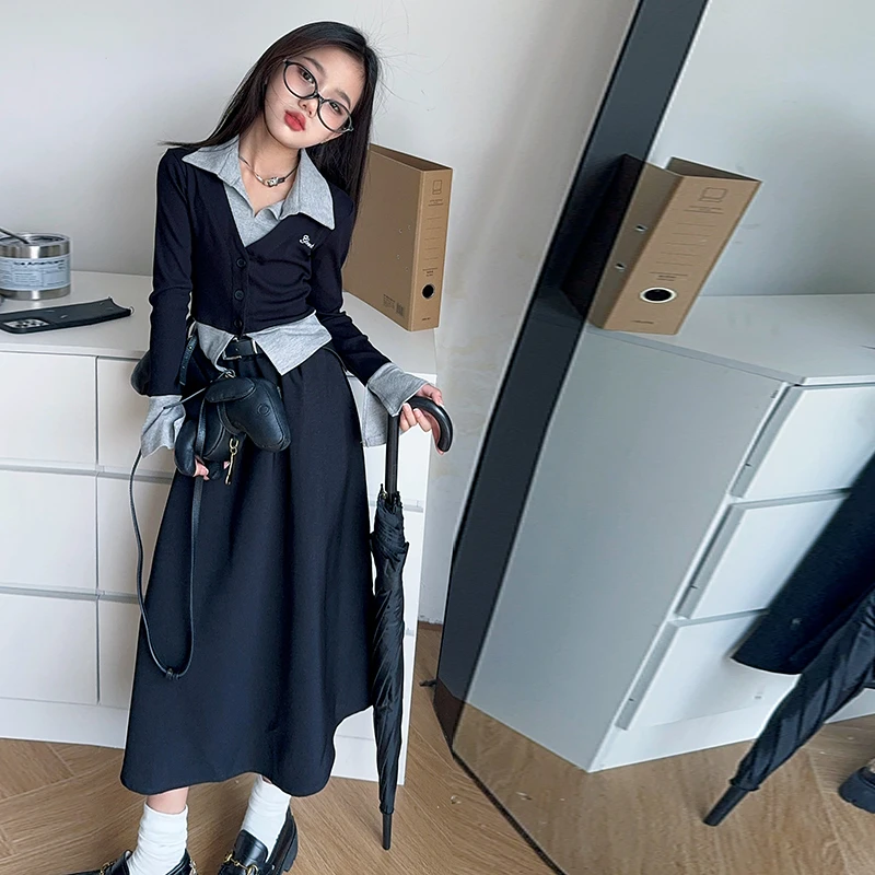 【匹诺潮童】女童秋气质款套装显瘦假两件上衣法式复古半身裙两件套