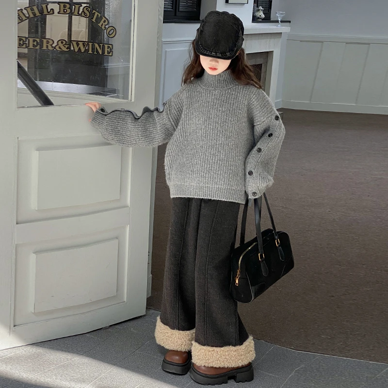 【匹诺潮童】女童秋冬加厚毛衣套装2024韩系洋气百搭阔腿裤两件套潮