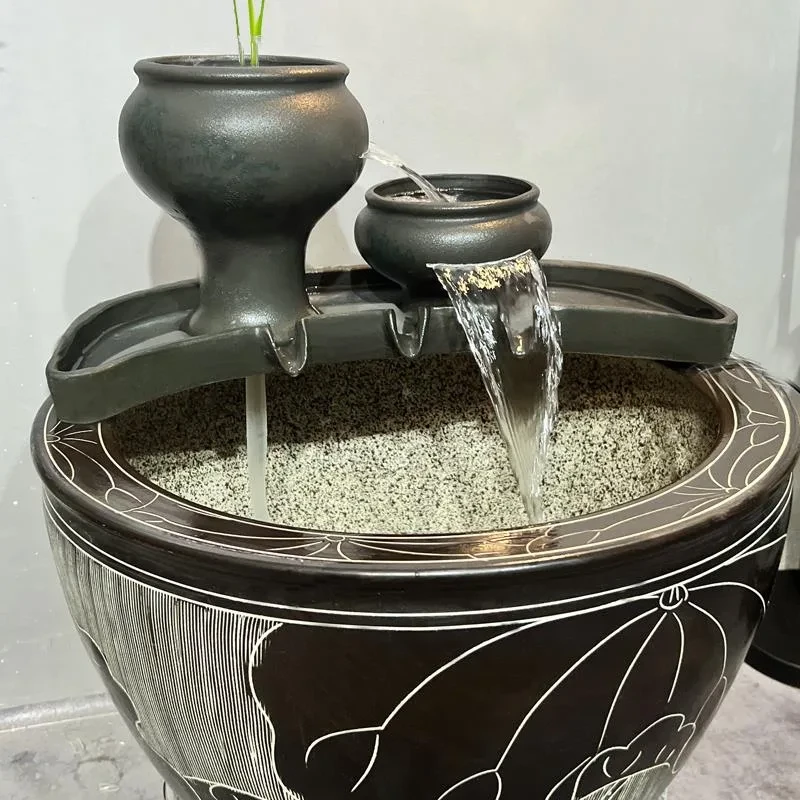 水缸循环过滤器流水瀑布陶瓷摆件古法养鱼缸增氧循环过滤陶罐水培