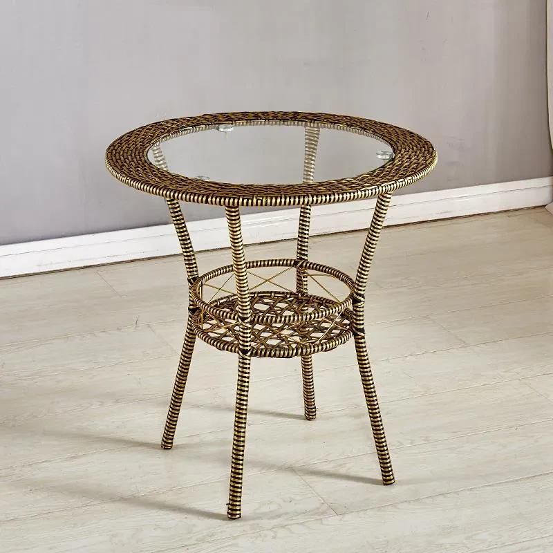 阳台小茶几圆形简易小户型小圆桌钢化玻璃小圆桌子藤编休闲椅套装