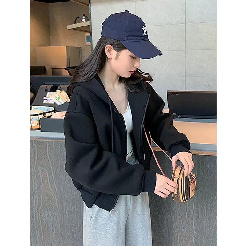 黑色短款卫衣女小个子连帽开衫2024春秋新款韩版宽松休闲拉链外套