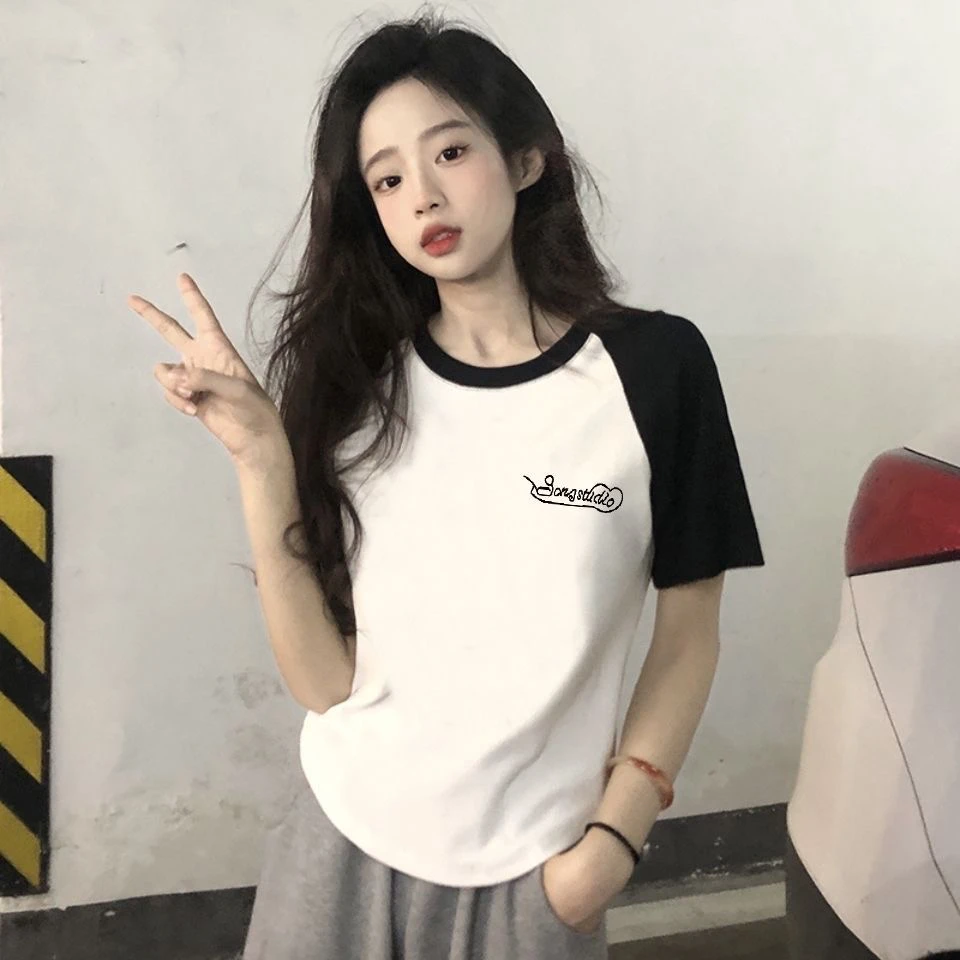 短袖上衣显瘦夏季宽松学生韩版撞色设计感短款百搭小众印花圆领