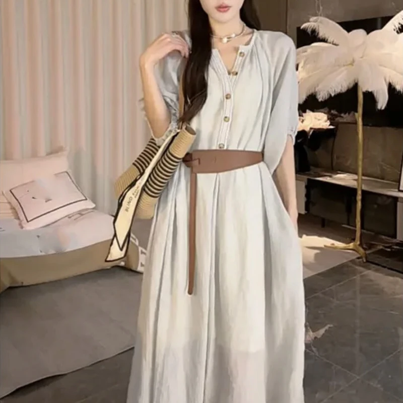 2024 夏季新款设计感轻熟风洋气连衣裙  女束腰气质高腰显瘦长裙