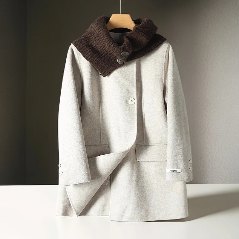 【TA图】剪标24冬品牌折扣绵羊毛慵懒圆领围脖双面呢大衣外套女10B