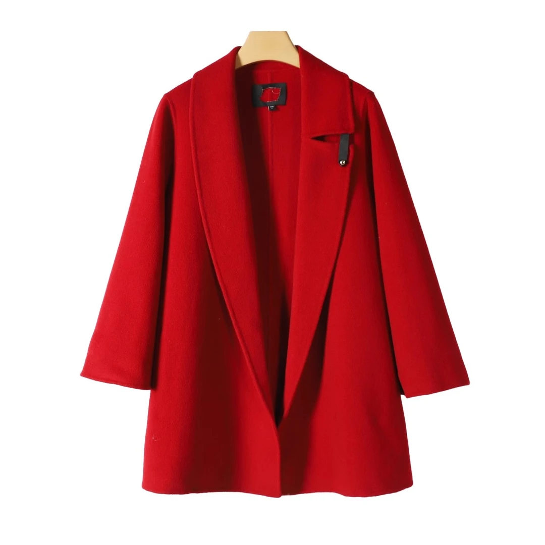 TA图剪标24冬品牌折扣100绵羊毛系带开衫极简双面呢大衣外套女09B