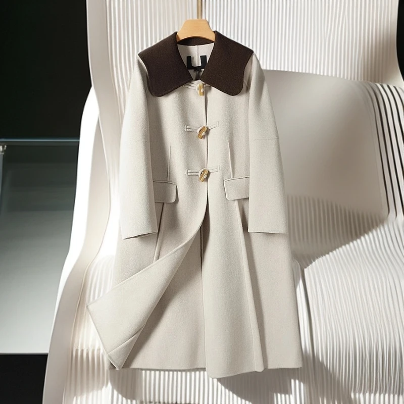 【TA图】剪标24冬品牌折扣山+羊绒绵羊毛牛角扣长款双面呢大衣女10B