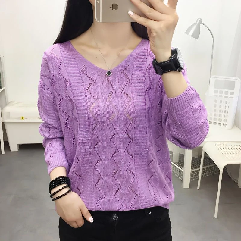 2023春夏季新款针织衫女外套女韩版宽松外搭镂空长袖针织打底衫女