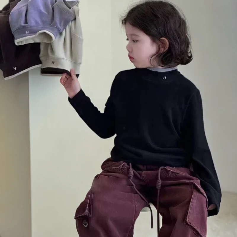 3667【中高领洋气小衫】秋季新款假两件卫衣男童女童百搭保暖上衣