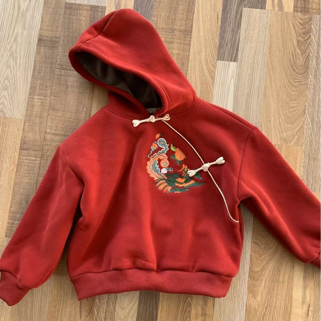 37075【刺绣凤凰连帽卫衣】秋冬款儿童加绒上衣卡通红色卫衣男童